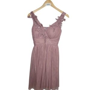 Womens Mauve Tulle Lace Trim V Neckline Smocked Back Fit Flare Dress Size Small